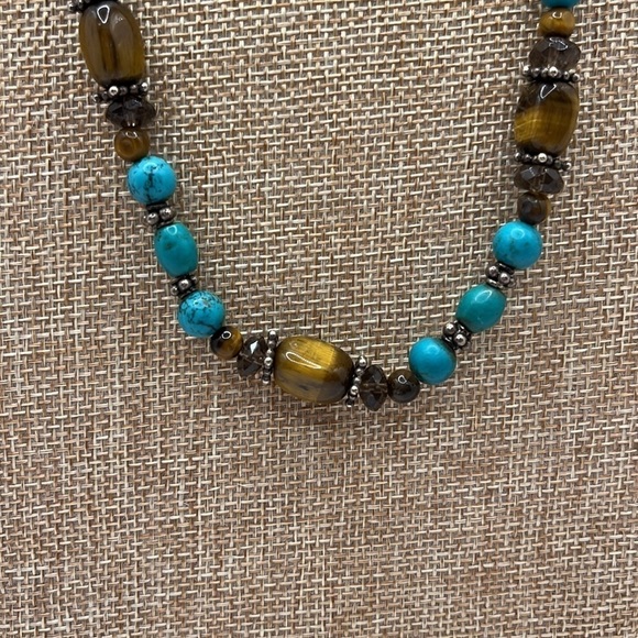Tigers Eye Necklace Turquoise Howlite Beads Silver Tone Natural Tones - Picture 2 of 8